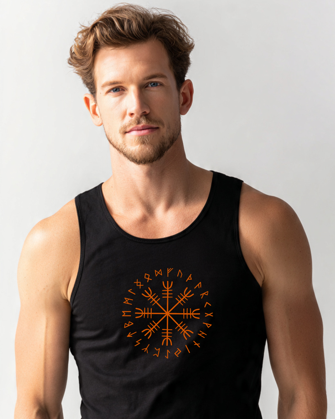 Mockup masculino camiseta regata preta com estampa viking — Pack Mockup POD 900+