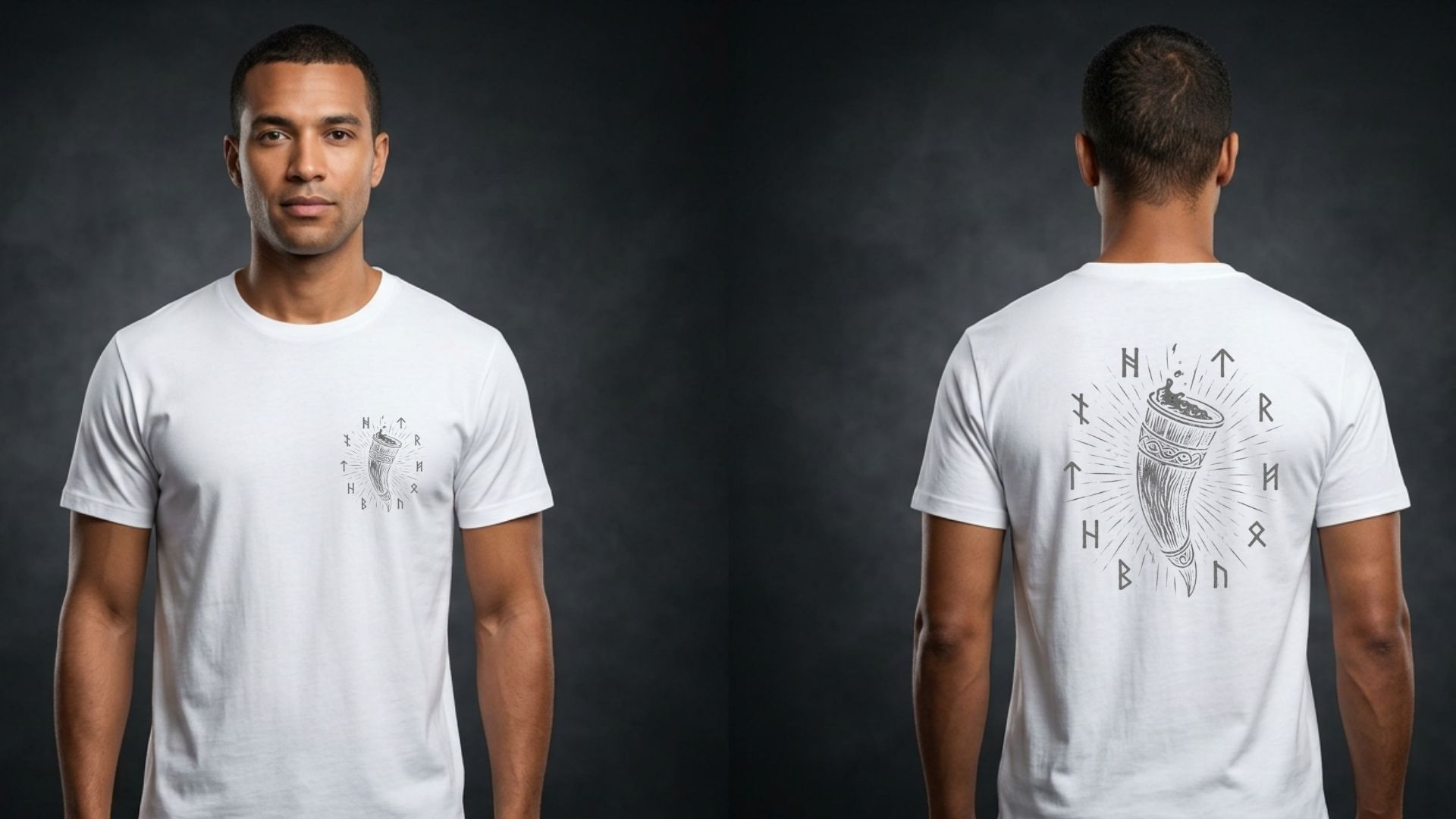 Mockup camiseta branca frente e costas com estampa viking — Pack Frente e Costas